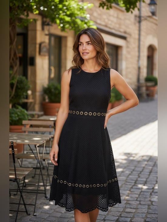 Gianni Bini Dresses & Skirts - Gianni Bini Black Eyelet Midi Dress with Gold Grommet Detail Size 6
